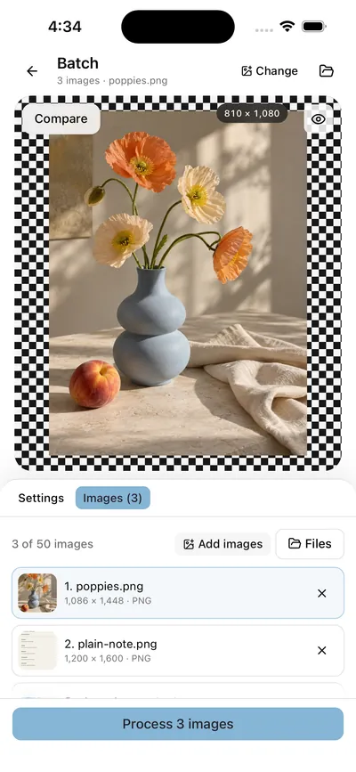 Framli Batch: Images (3), "3 of 50 images", Add images and Files buttons, a list with poppies.png 1,086 × 1,448 PNG and plain-note.png 1,200 × 1,600 PNG, and Process 3 images