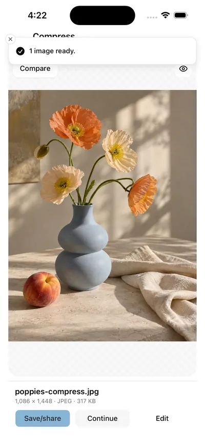 Framli Compress result: "1 image ready.", the poppies photo, and poppies-compress.jpg 1,086 × 1,448 · JPEG · 317 KB with Save/share, Continue and Edit