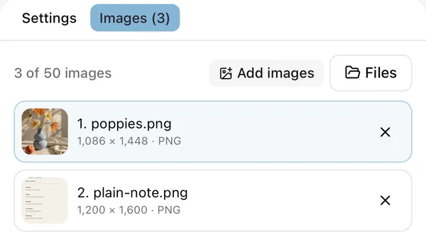 Framli Batch image list: Images (3), "3 of 50 images", Add images and Files, then 1. poppies.png 1,086 × 1,448 · PNG and 2. plain-note.png 1,200 × 1,600 · PNG