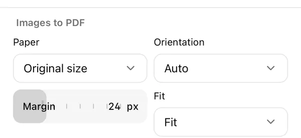 Framli Images to PDF settings: Paper Original size, Orientation Auto, Margin 24 px and Fit