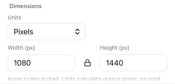Framli Resize Dimensions: Units Pixels, Width (px) 1080, a lock icon, Height (px) 1440