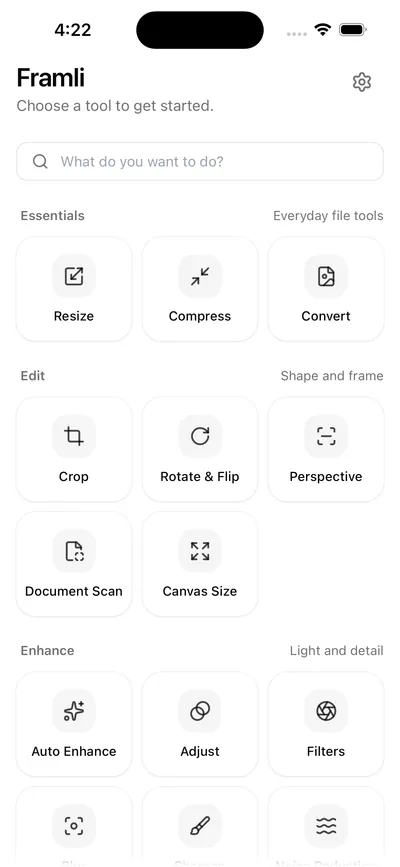 Framli Home: "Choose a tool to get started.", a tool search, and the Essentials, Edit and Enhance groups with Resize, Compress, Convert, Crop, Rotate & Flip, Perspective, Document Scan and Canvas Size