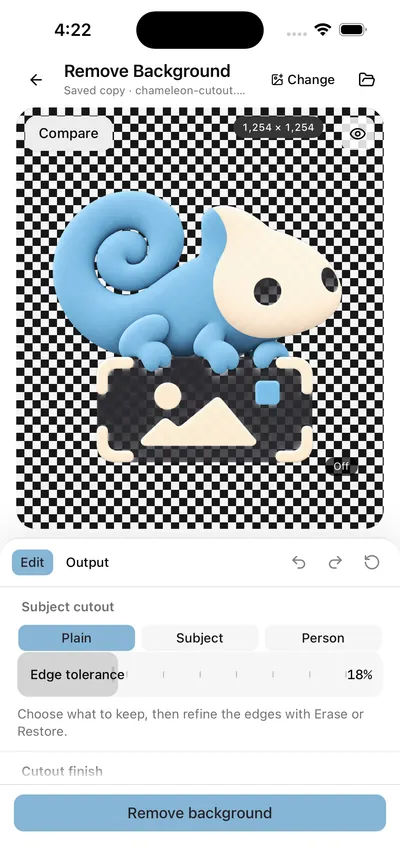 Framli Remove Background: a chameleon sticker cut out on a checkerboard transparency background, modes Plain (selected), Subject and Person, Edge tolerance 18%, and a Remove background button