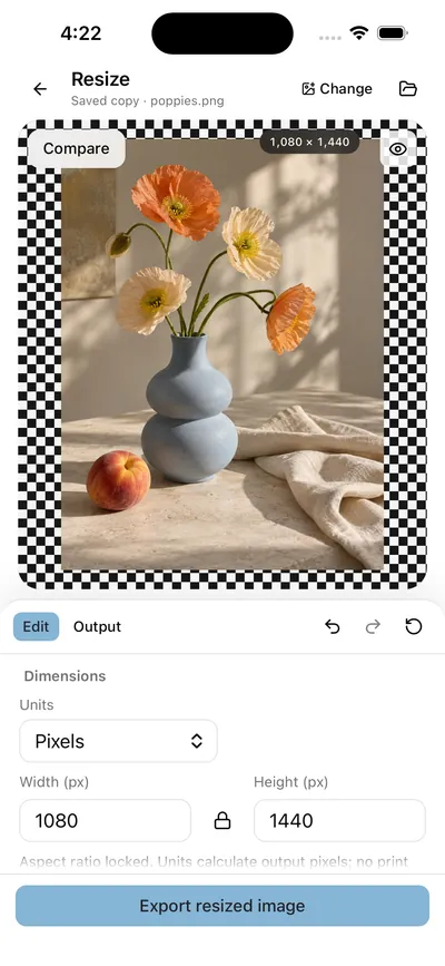 Framli Resize: the poppies photo above Dimensions in Pixels, Width 1080 and Height 1440 with the aspect lock, and an Export resized image button